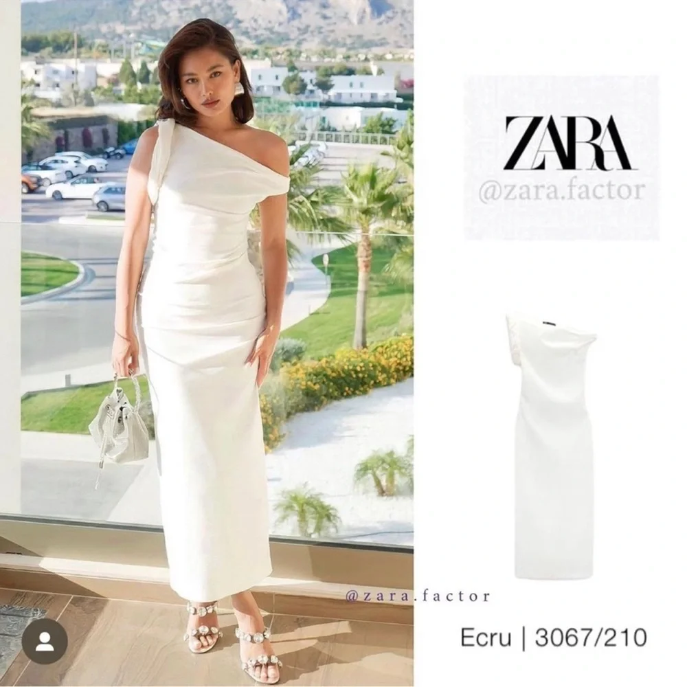 ZARA NEW WOMAN ASYMMETRIC MIDI DRESS ECRU XS med  3067/210 - Picture 11 of 11